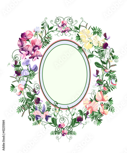 Decorative floral frame from sweet pea flowers and leafs.