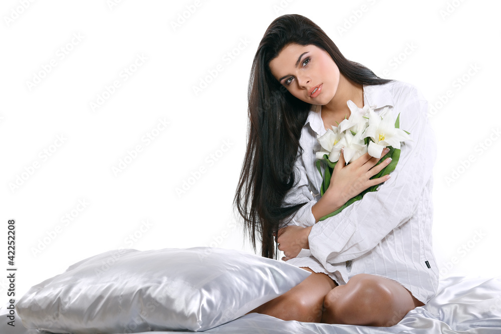 beautiful young girl with tulips,isolated on a white background beautiful young girl with tulips,isolated on a white background