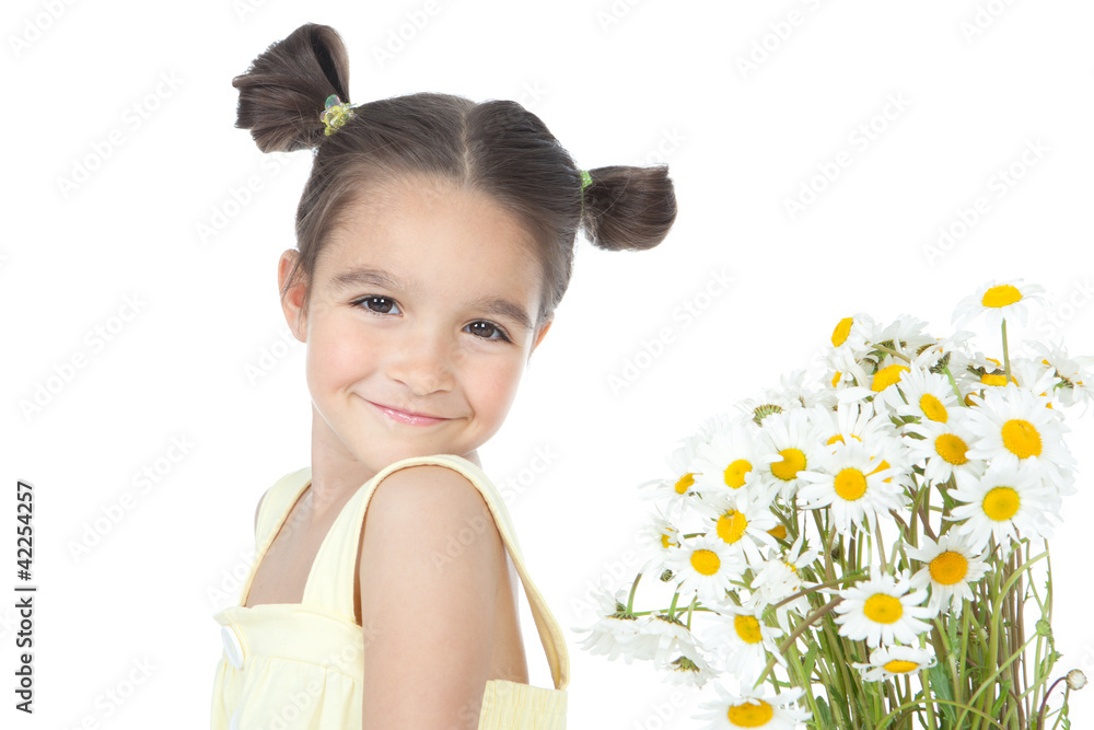 little girl with a bouquet of daisies on white little girl with a bouquet of daisies on white