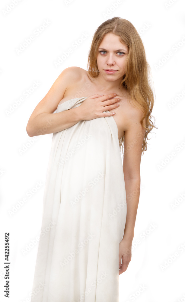 A beautiful nude woman, covered with white cloth. A beautiful nude woman, covered with white cloth.