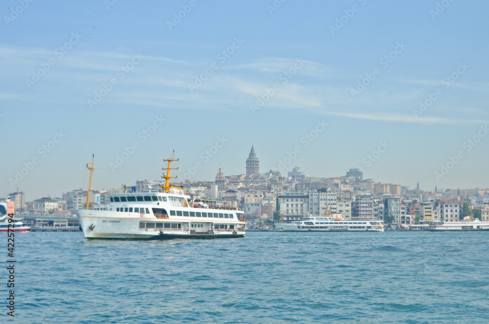 White cruise ship in Bosporus with Galata Tower background