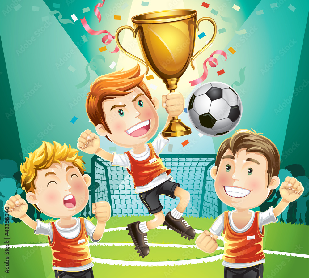 Children Soccer champion with winners trophy. cartoon character Stock  Vector | Adobe Stock