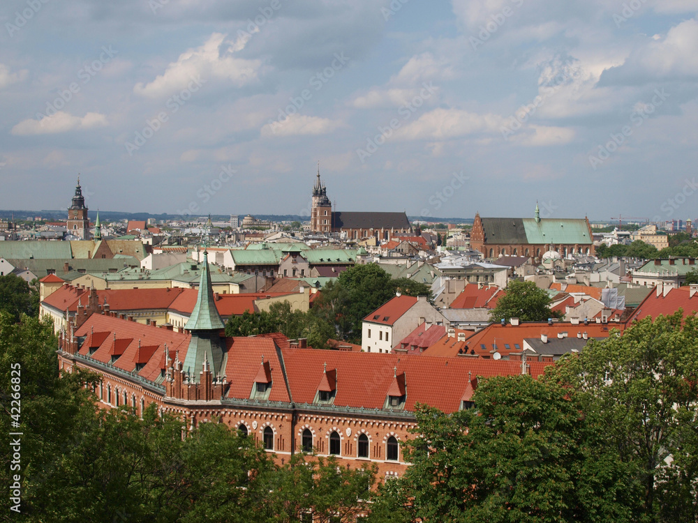 Fototapeta premium Stadtpanorma Krakau mit Rathausturm und Marienkirche