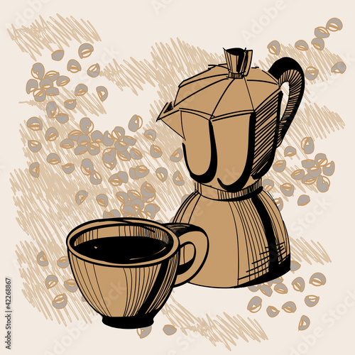 Sketch of mocha coffee maker and cup with some coffee beans