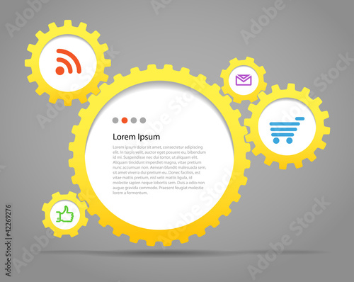 Abstract speech clouds of gear wheels with media icons. Template