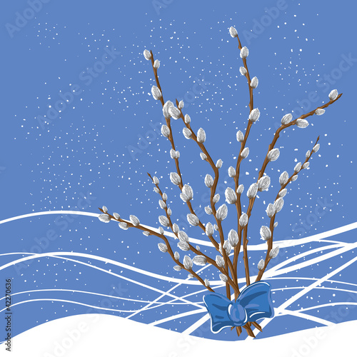 Pastel background with pussy willow. Vector illustration.