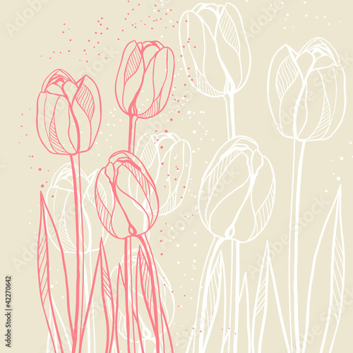 Abstract floral illustration with tulips on beige background. photo