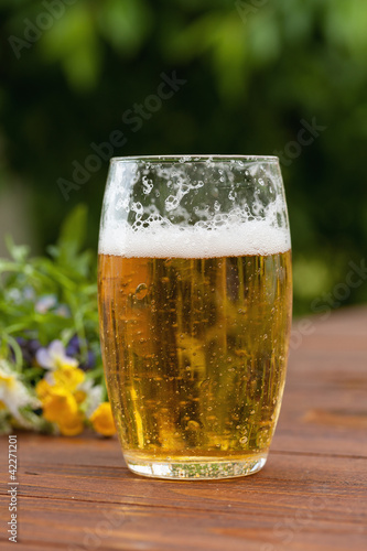 Glass of beer on a picnic table