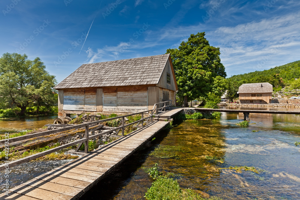 Wooden mill houses in Majerovo vrilo in Sinac, Croatia