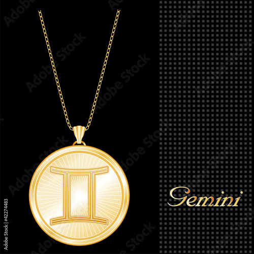Gemini Pendant Necklace, Chain, gold engraved astrology symbol