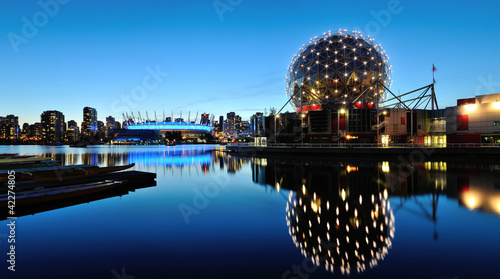 Vancouver Science World and BC Stadium at night