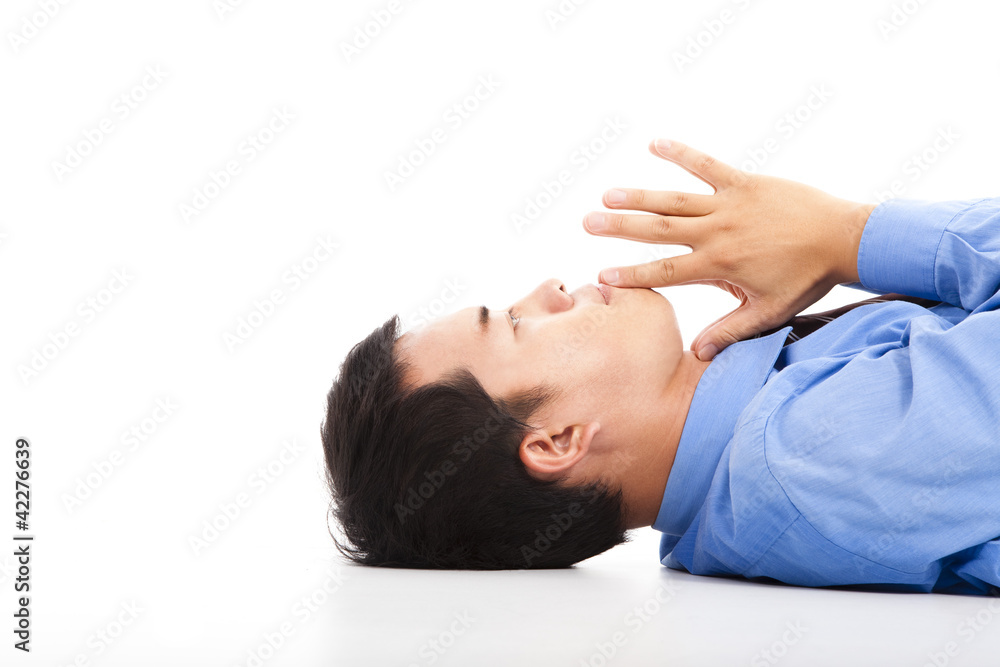 Fototapeta premium asian businessman lying on floor with thinking