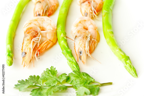 fresh shrimp cooks asparagus photo