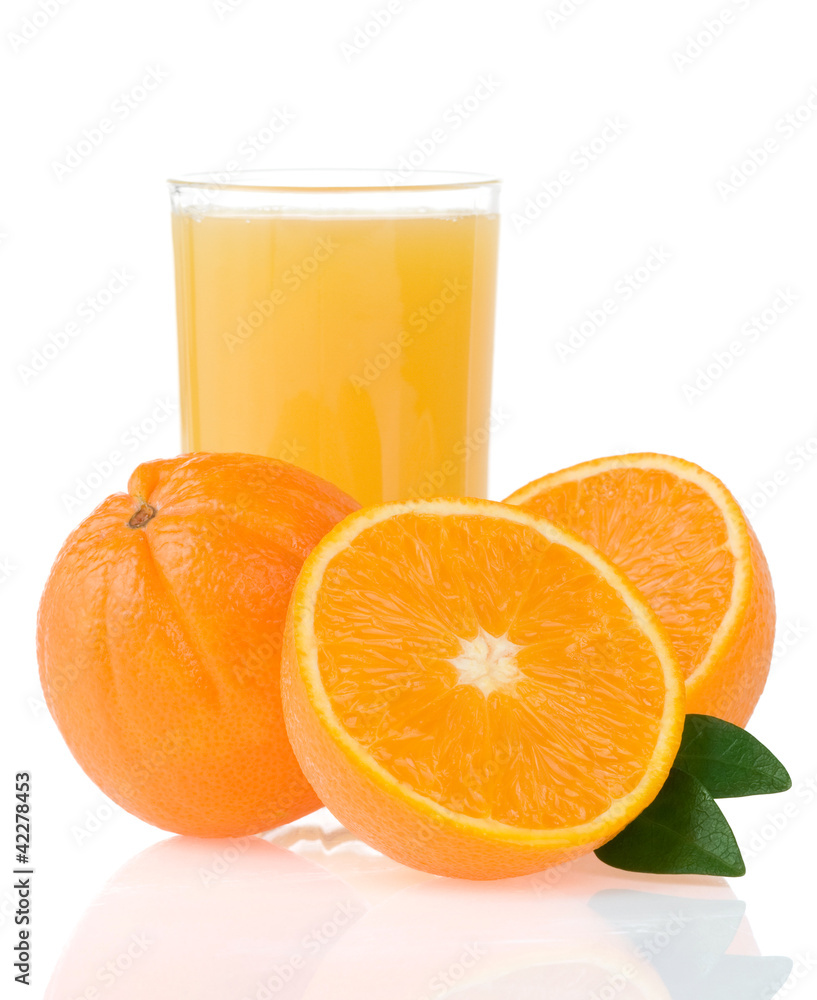 orange juice in glass and slices isolated on white orange juice in glass and slices isolated on white