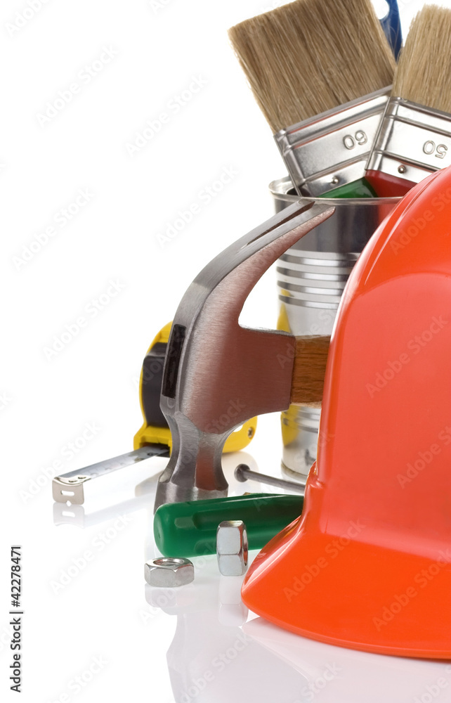 set of tools and helmet isolated on white set of tools and helmet isolated on white