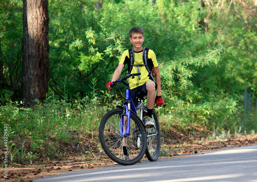 A teenager on a bicycle traveling in the woods