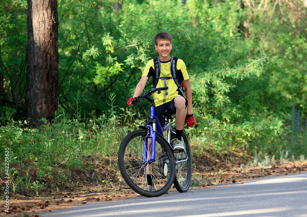 A teenager on a bicycle traveling in the woods A teenager on a bicycle traveling in the woods