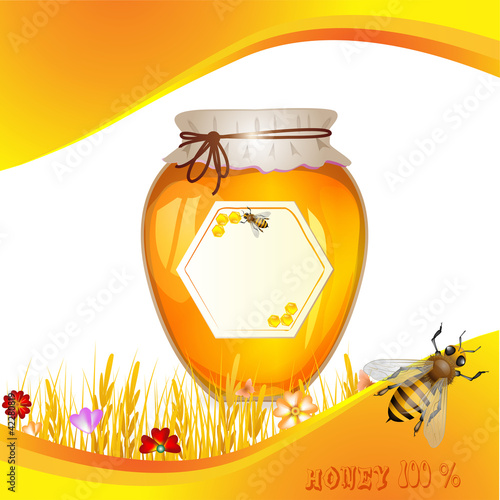 Floral background with honey and bees