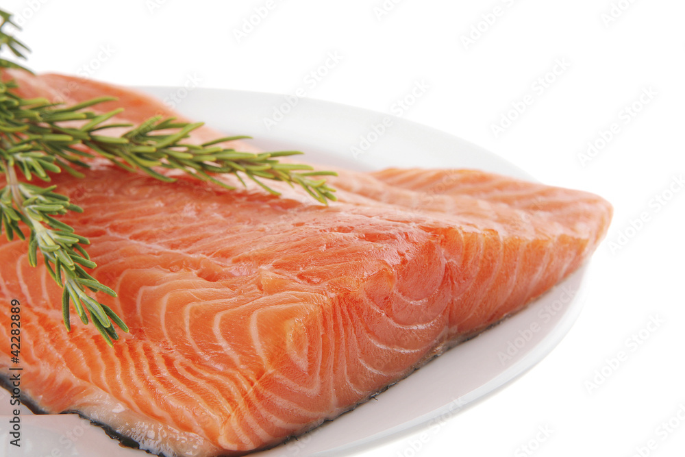 fresh uncooked salmon fillet on plate with rosemary fresh uncooked salmon fillet on plate with rosemary