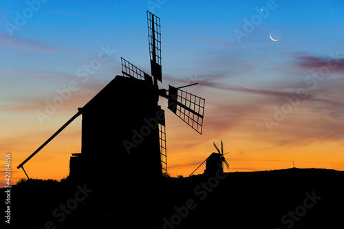 Moon and Venus over Spanish Windmills at dusk