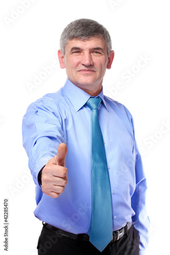 businessman giving thumb up isolated on white