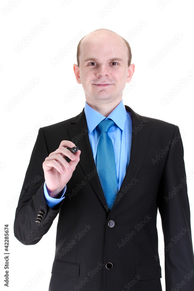 businessman writing on the screen isolated on white businessman writing on the screen isolated on white