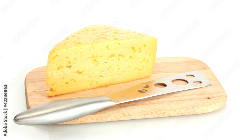 tasty cheese and knife on wooden cutting board isolated on tasty cheese and knife on wooden cutting board isolated on