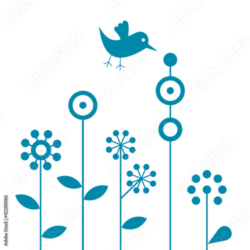 retro flowers 2 (blue,with bird)