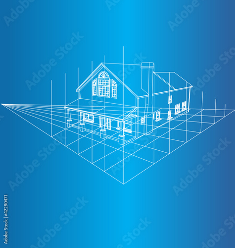 3D House Drawing on a blue background