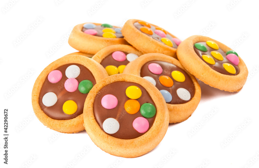 Biscuits with milk chocolate and coloured chocolate beans Biscuits with milk chocolate and coloured chocolate beans