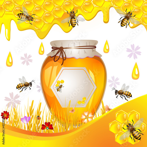 Floral background with honey and bees
