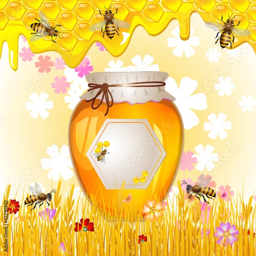 Floral background with honey and bees