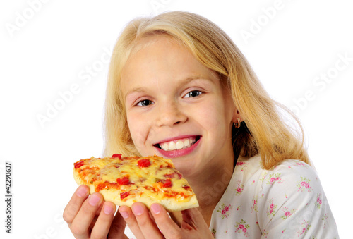 little girl eating pizza
