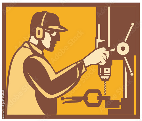 Factory Worker Operator With Drill Press Retro