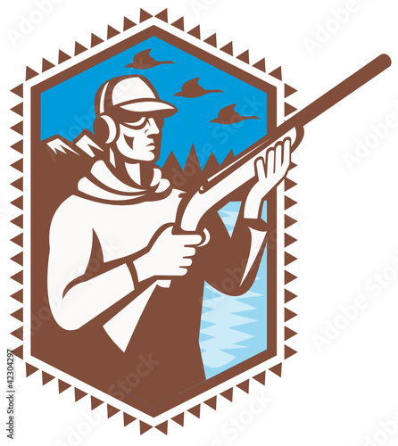 Hunter With Shotgun Rifle Duck Shooting Retro