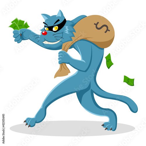 Cartoon illustration of a cat stealing a bag of money
