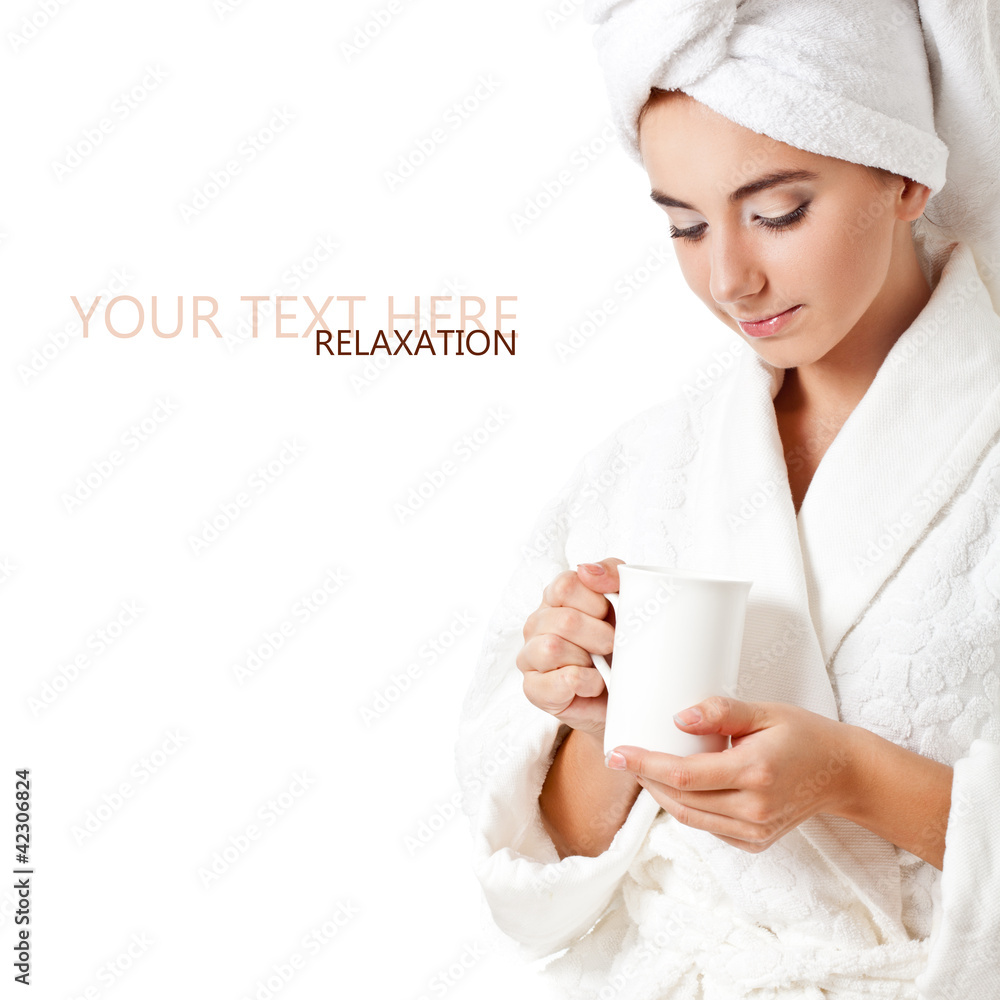 woman wearing bathrobe holding mug woman wearing bathrobe holding mug