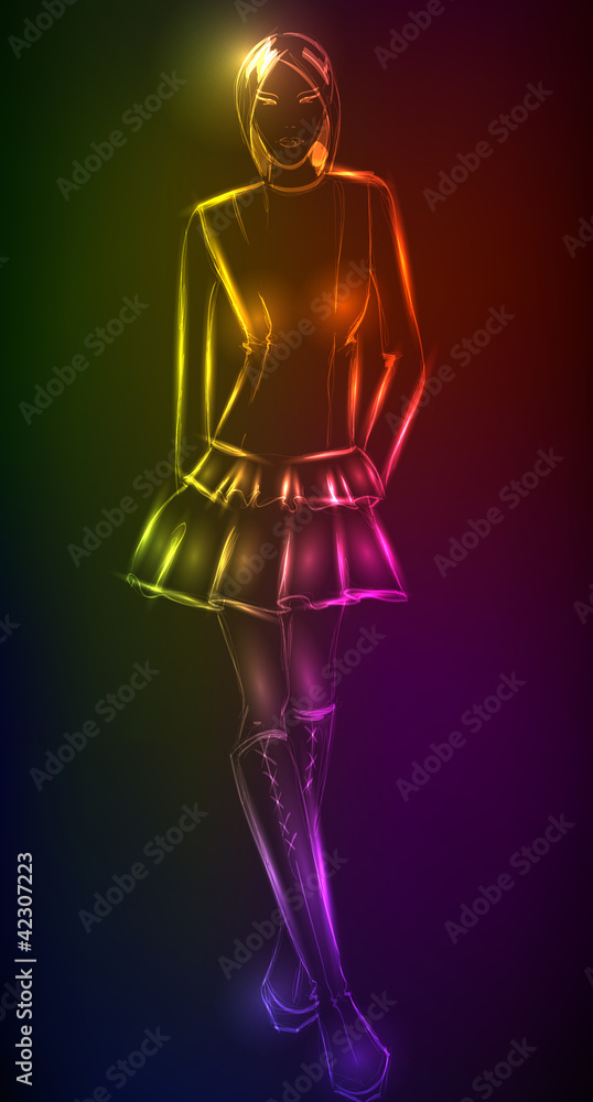 Hand-drawn fashion model from a neon. A light girl's Hand-drawn fashion model from a neon. A light girl's