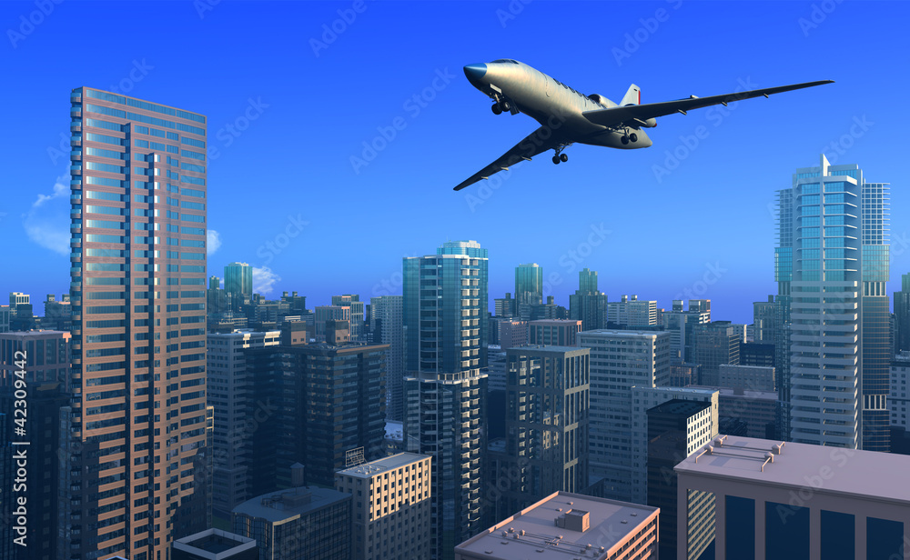 Plane over the city.