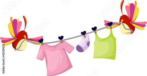 Cute birds with clothesline
