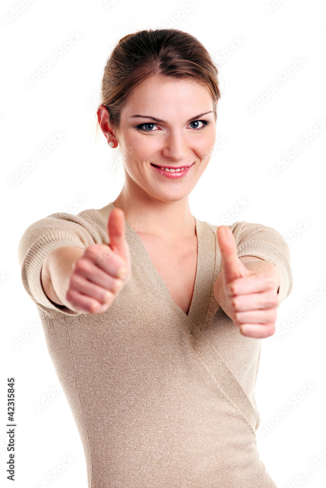 Happy young woman showing thumb up sign Happy young woman showing thumb up sign