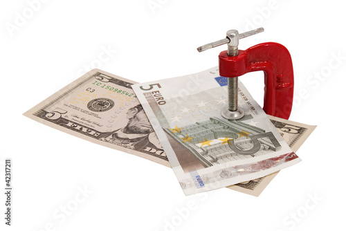 Canvas Print Dollars and euros clamped in vise.