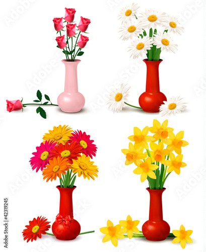 Fototapeta Naklejka Na Ścianę i Meble -  Spring and summer colorful flowers in vases  Vector