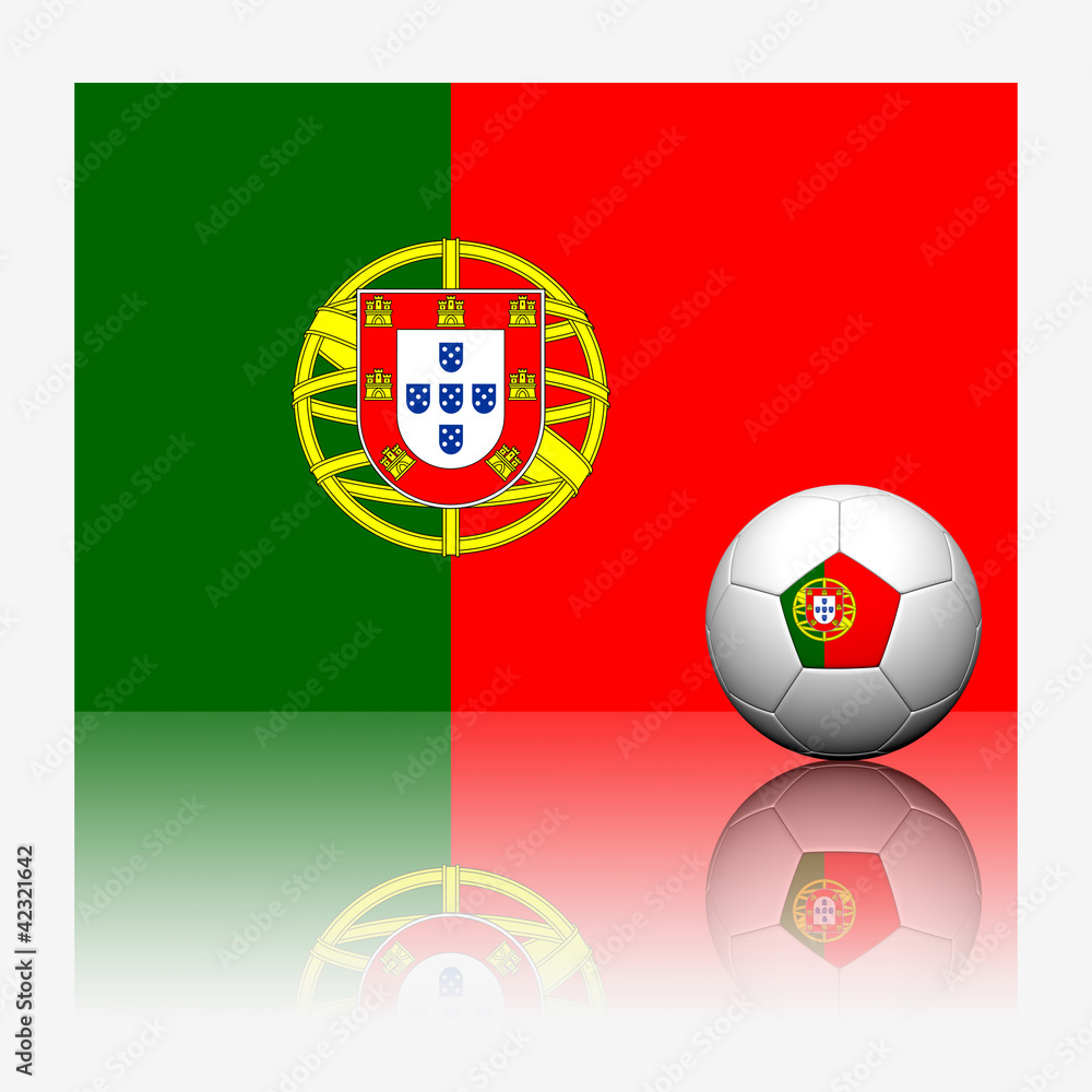 Portugal soccer football and flag with reflect on white backgrou