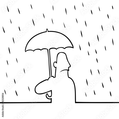 Black line art illustration of a man with umbrella in the rain.
