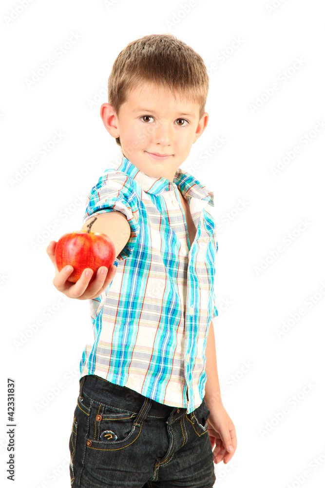 funny little boy with apple isolated on white funny little boy with apple isolated on white