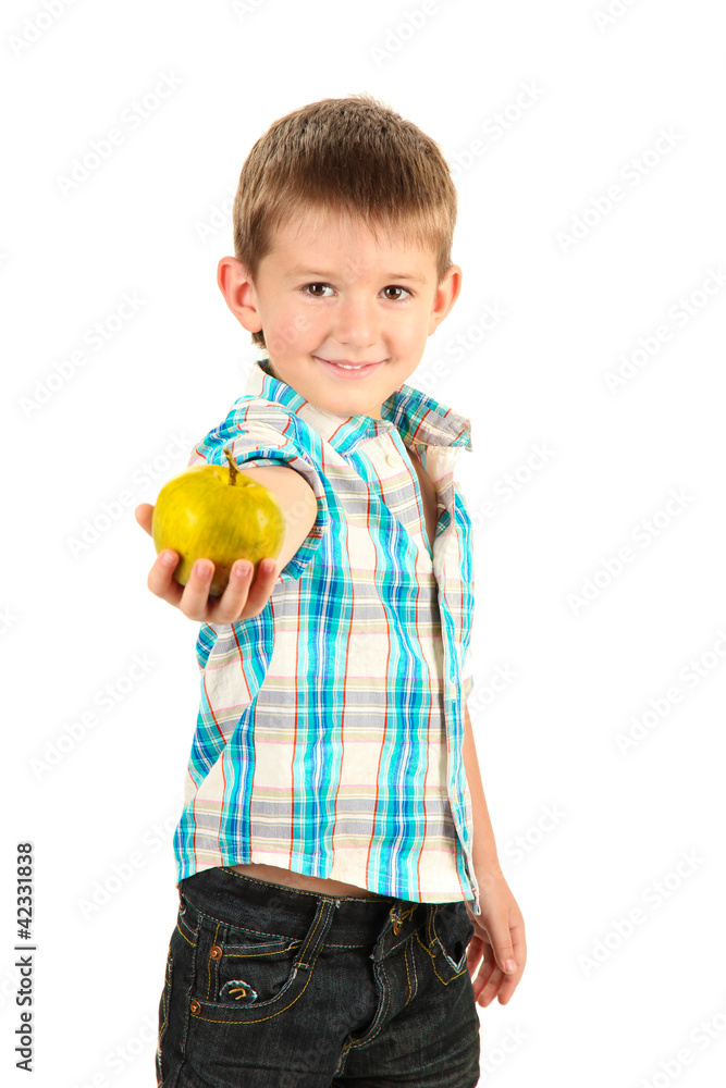 funny little boy with apple isolated on white funny little boy with apple isolated on white