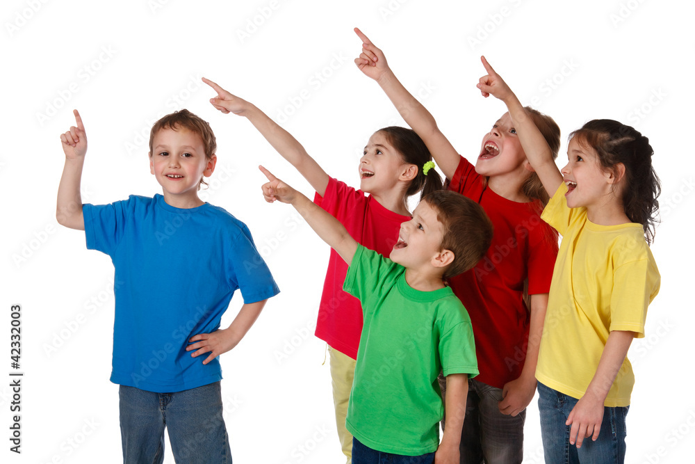 Group of children with pointing up sign Group of children with pointing up sign