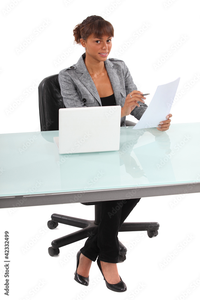 Businesswoman proof reading an important document Businesswoman proof reading an important document