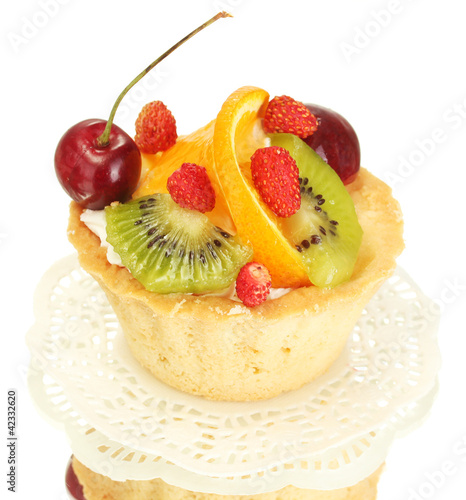 sweet cake with fruits isolated on white
